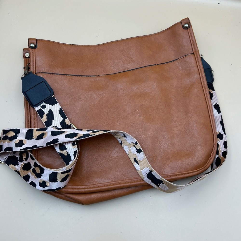Cognac Faux Leather Crossbody Messenger Bag Leopard Print Guitar Strap Brown